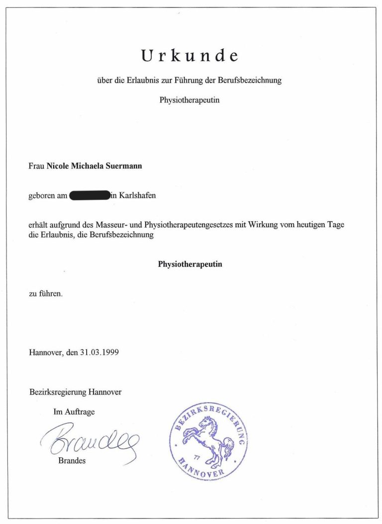 Urkunde Berufsurkunde Physiotherapeutin